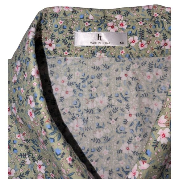 Floral Button-Up Shirt XXL Green & Pink Short Sleeve 100% Cotton - Picture 3 of 9